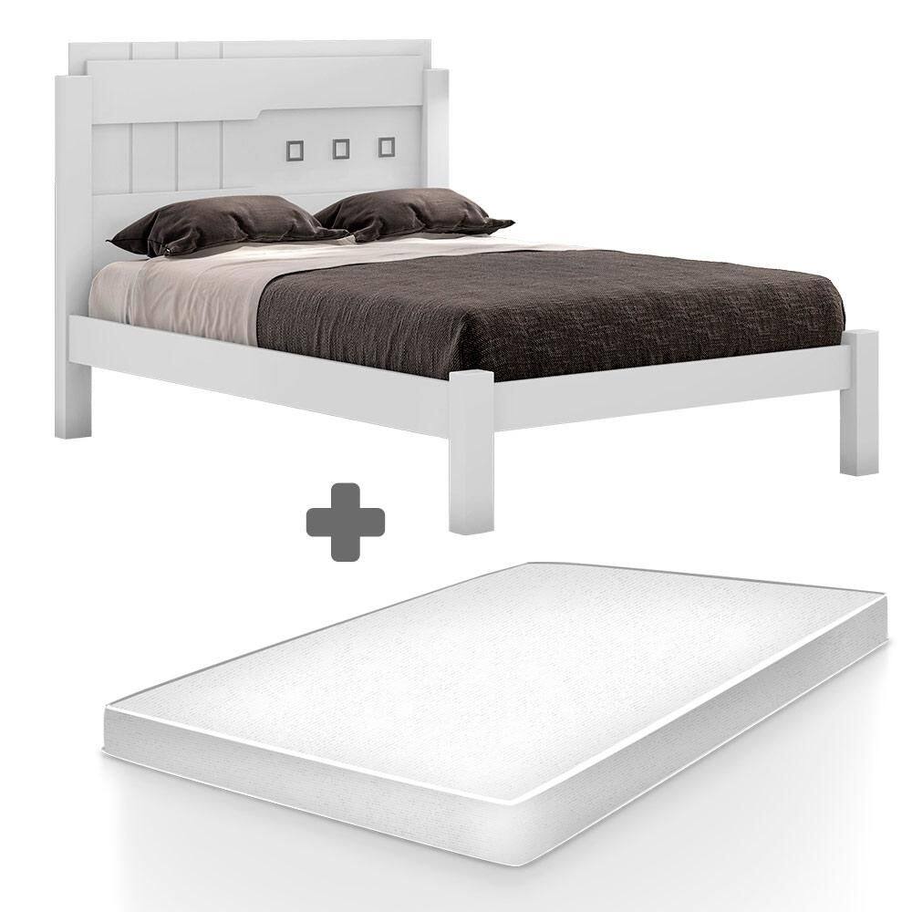 Cama Casal MDF Leticia Branco Framar Com Colchão Casal Hellen Pro Confort - Branco