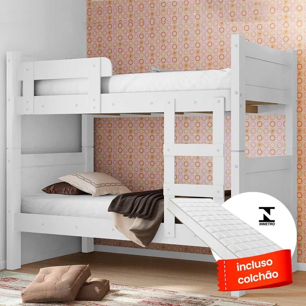 Beliche Solteiro Que Vira Duas Camas Com 2 Colchões Branca Maria Clara Framar - Branco