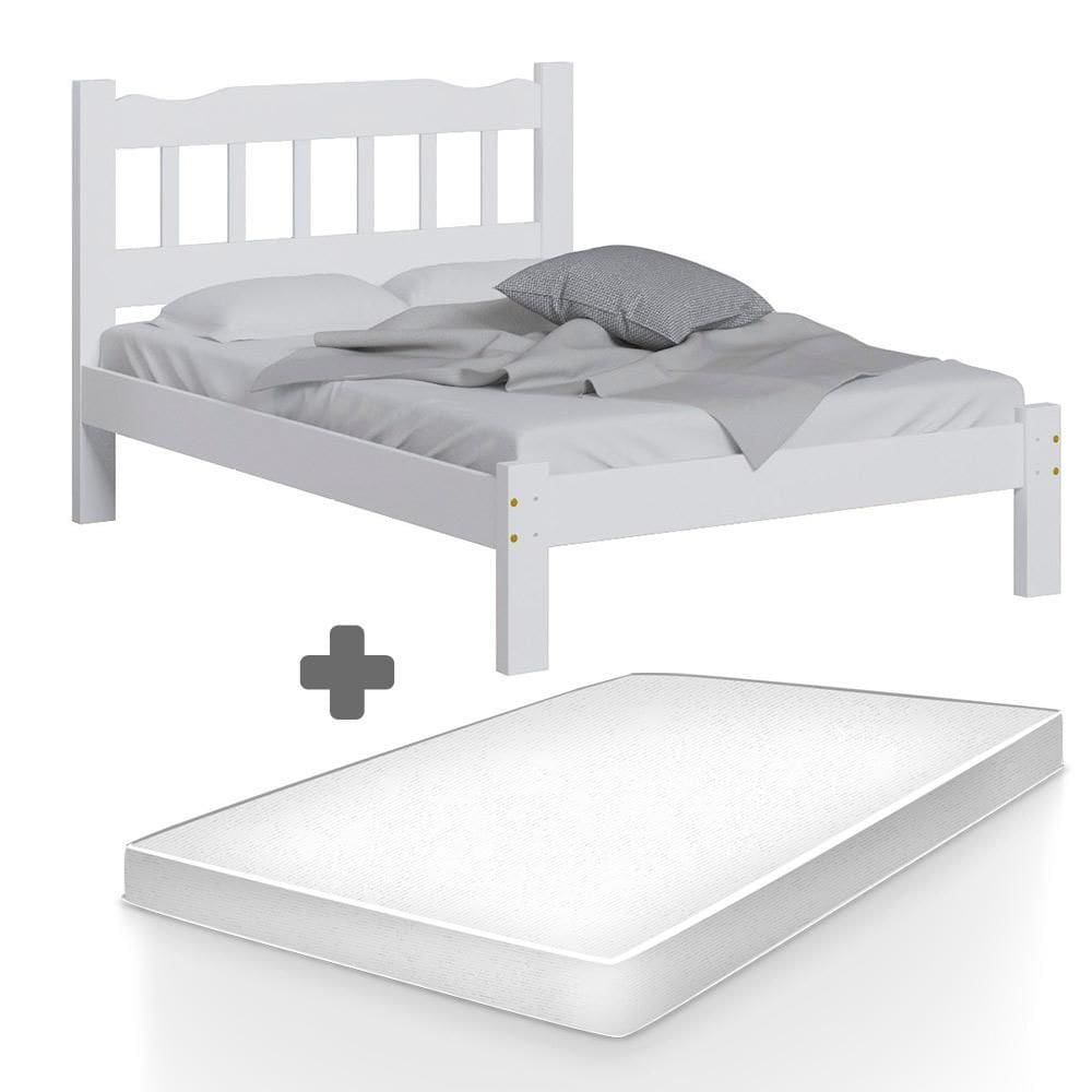 Cama De Casal De Madeira Maciça Branco Pérola Nemargi Com Colchão Casal Hellen Pro Confort - Branco