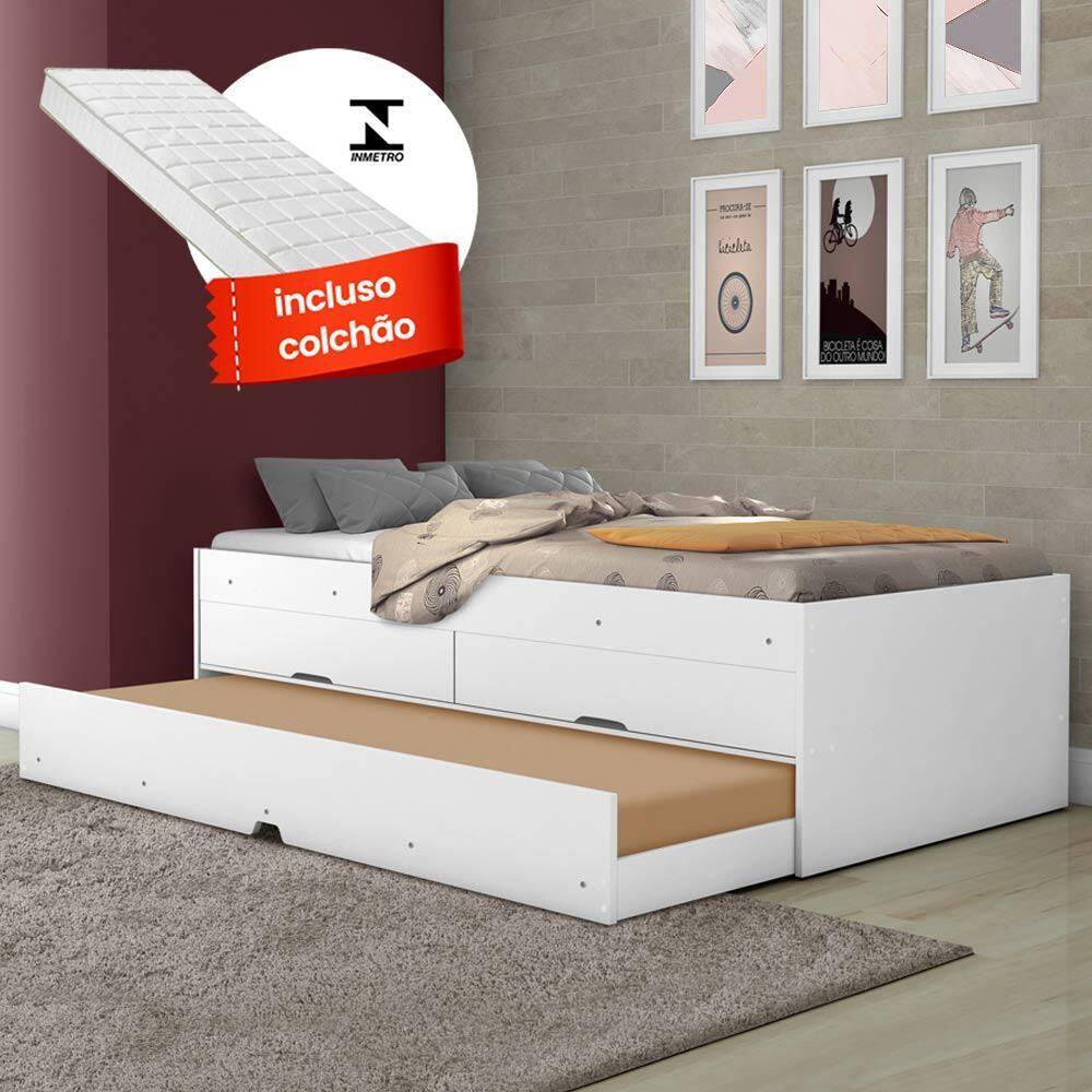 Bicama Solteiro Com 2 Gavetas E 2 Colchões Branco Bari Gabrielli - Branco