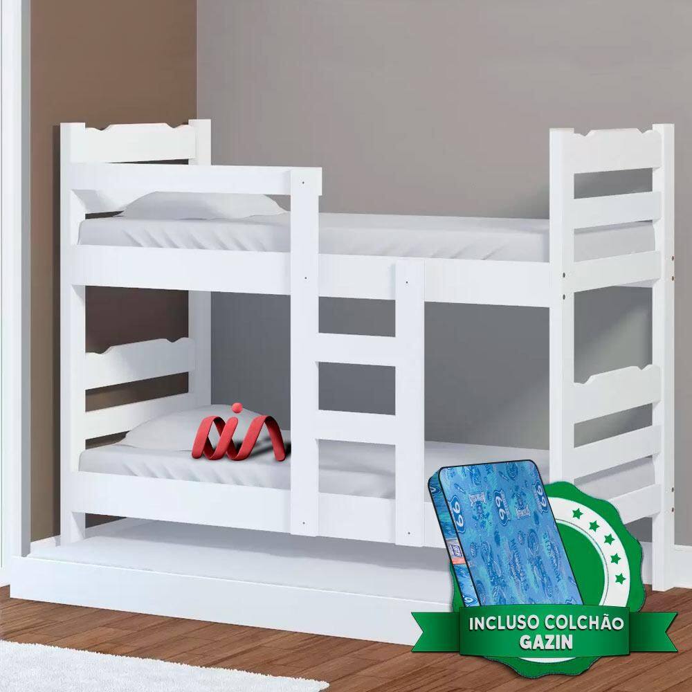 Beliche Madeira Maciça Com Cama Auxiliar Solteiro Robusta Nemargi Branco Com 3 Colchões Gazin - Branco