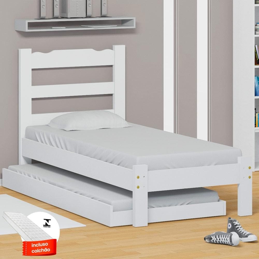 Cama De Solteiro De Madeira Com Auxiliar E 2 Colchões Branco Esmeralda Nemargi - Branco