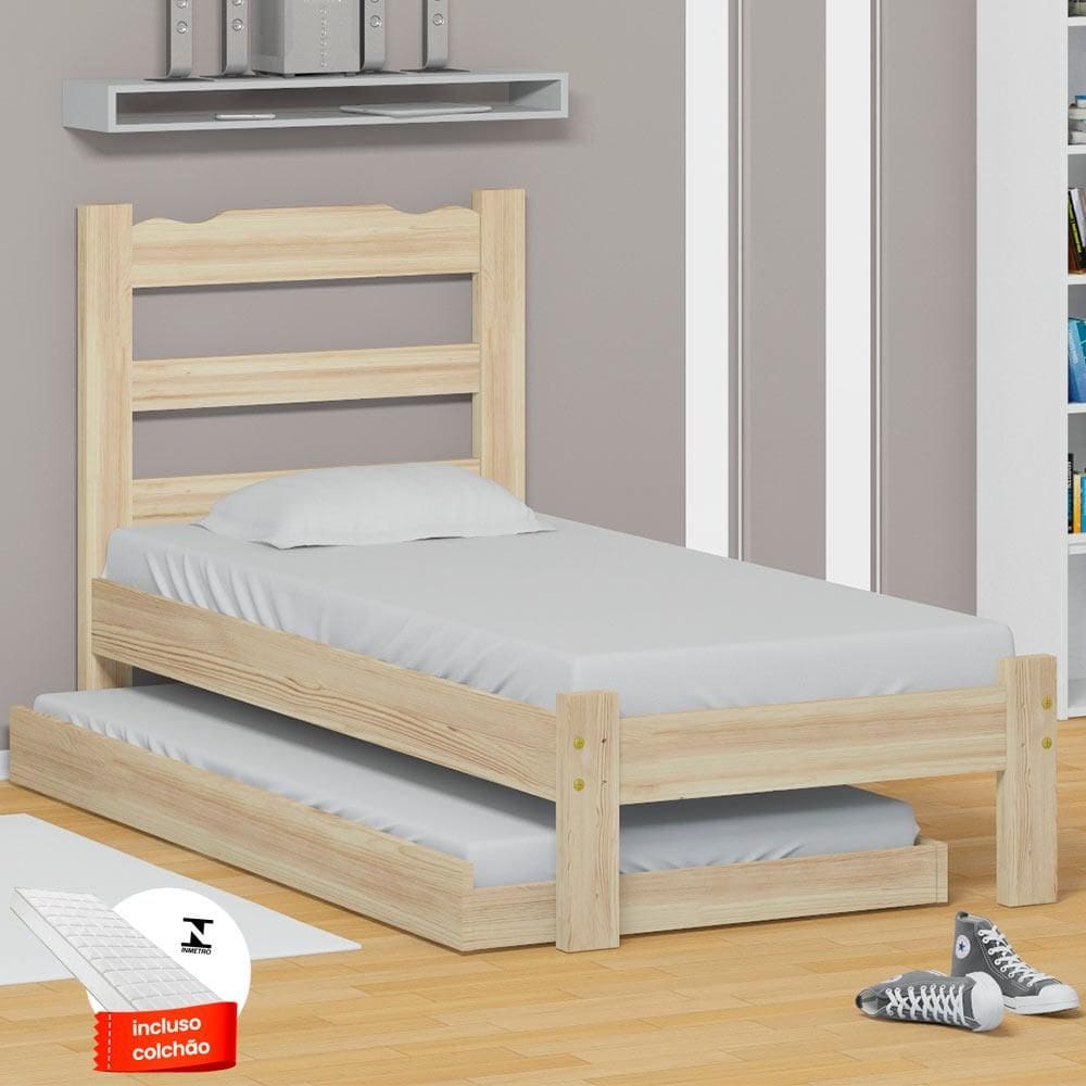 Bicama De Solteiro Com 2 Colchões Madeira Crua Pérola Nemargi - Bege