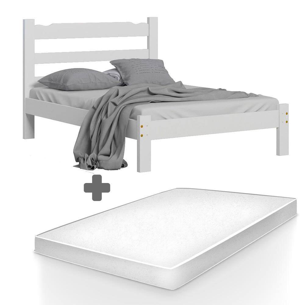 Cama Casal Madeira Esmeralda Branco Nemargi Com Colchão Casal Hellen Pro Confort - Branco