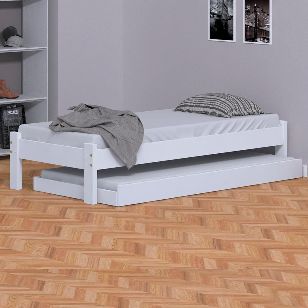 Cama Japonesa Solteiro Com Auxiliar Branca Madeira Maciça Nemargi - Branco
