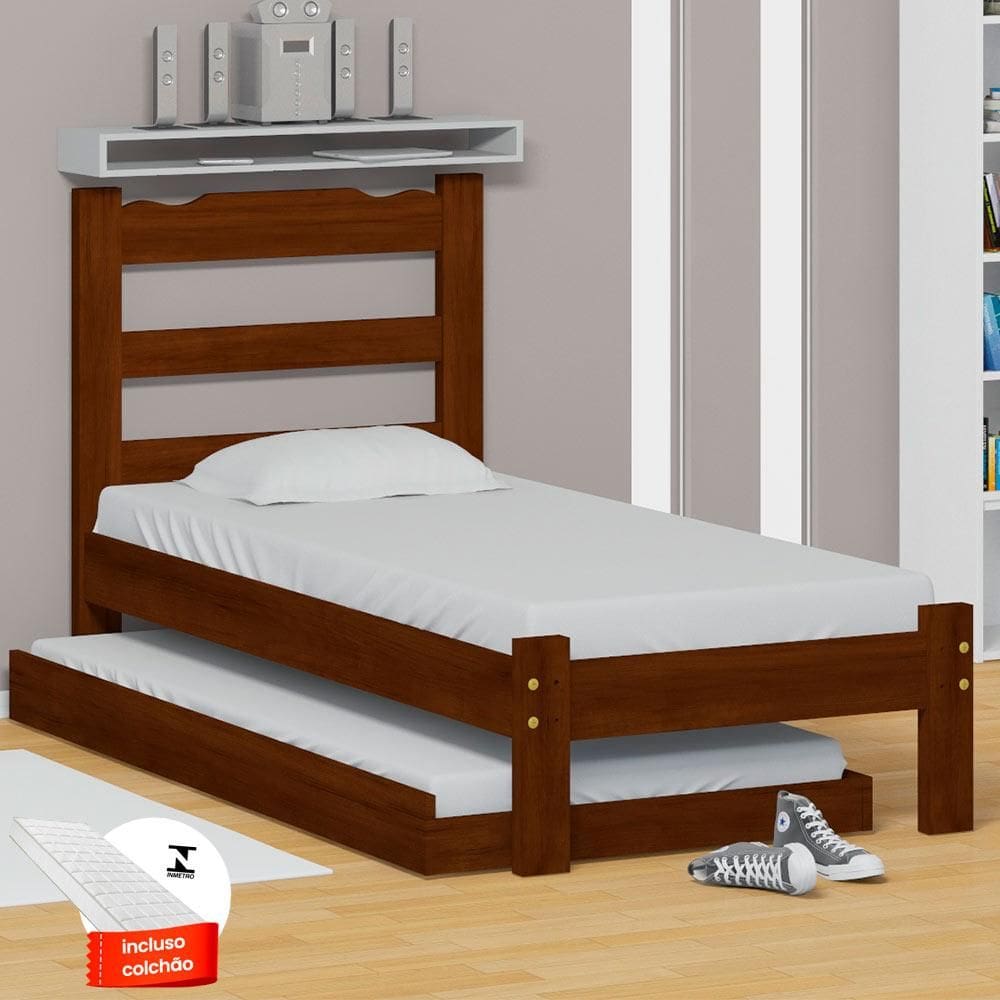 Cama De Solteiro De Madeira Com Auxiliar E 2 Colchões Castanho Esmeralda Nemargi - Marrom