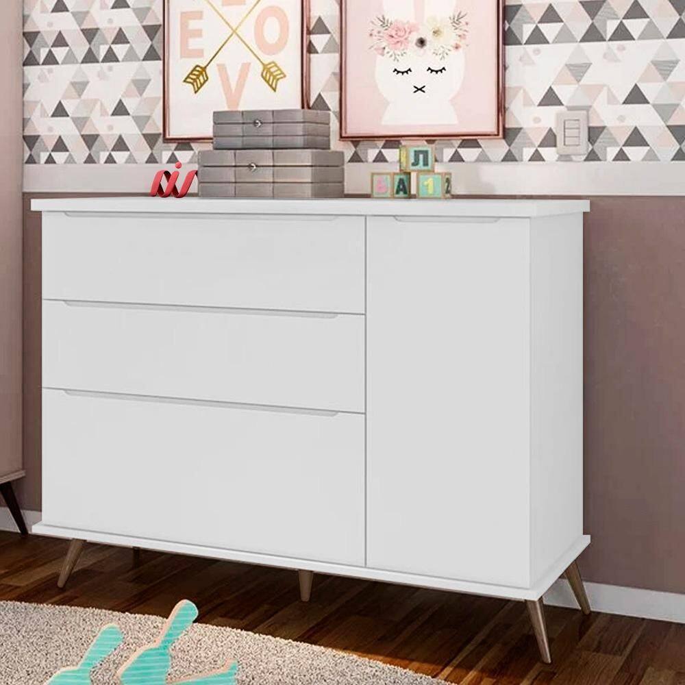 Cômoda Infantil Retrô Alice 1 Porta e 3 Gavetas Branco - Branco