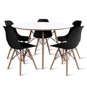 Conjunto de Mesa de Jantar Eames Eiffel Redonda 110cm Tampo de Madeira Branco com 5 Cadeiras Pretas