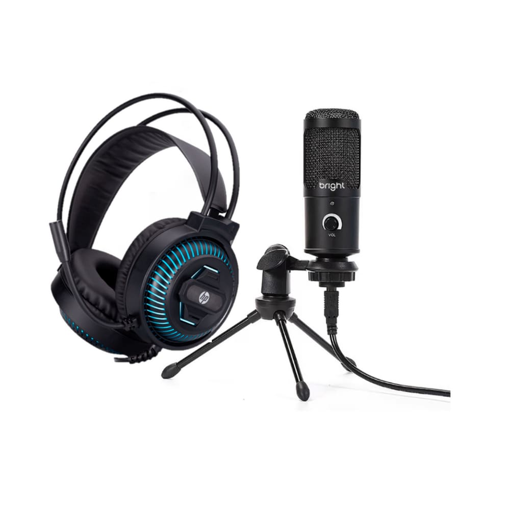 Microfone Bright Streamer de Mesa RGB, Usb ST001 + Headset Gamer Usb P2 DHE 8001