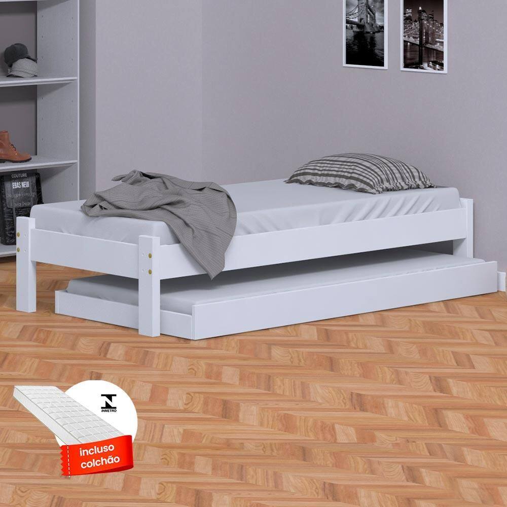 Cama Japonesa Solteiro Com Auxiliar E 2 Colchões Branca Madeira Maciça Nemargi - Branco
