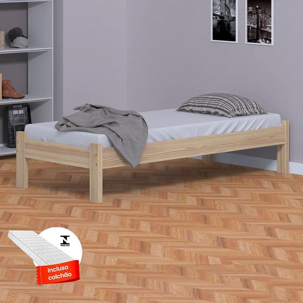 Cama Japonesa Solteiro Crua Com Colchão Madeira Nemargi - Bege