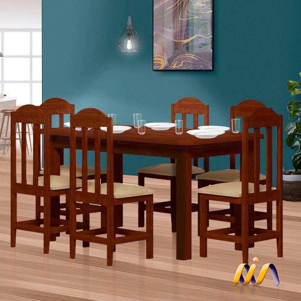 Mesa De Jantar 160cm Madeira Maciça 6 Lugares Estofados Castanho Shop JM - Marrom