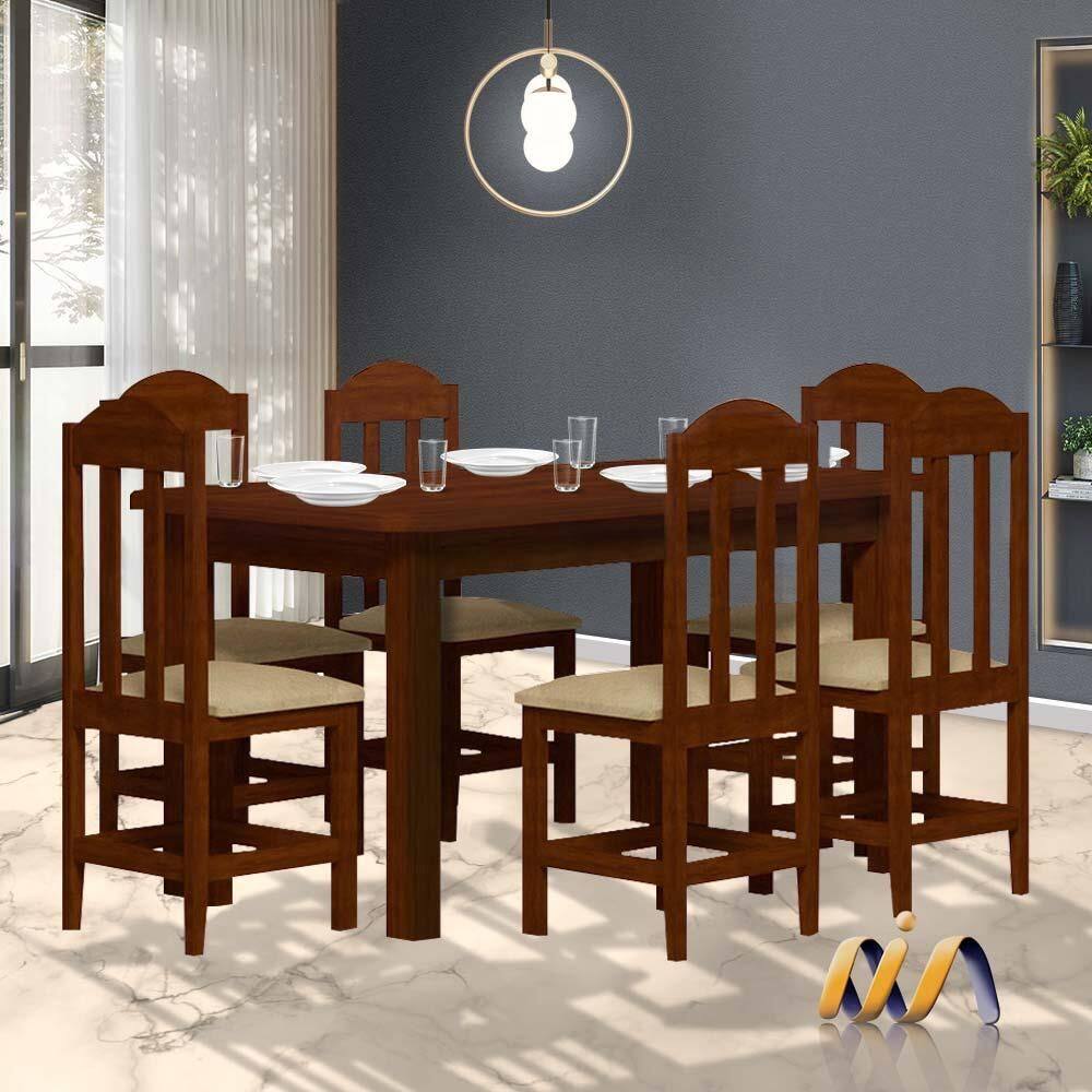 Mesa De Jantar Com 6 Cadeiras Estofadas Madeira Maciça Safira Castanho Shop JM - Marrom