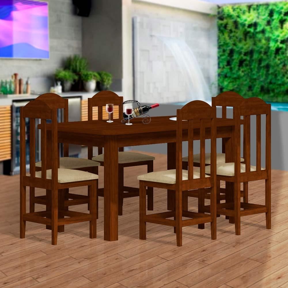 Mesa Com 6 Cadeiras Madeira Maciça Castanho Assento Estofado Material Sintético Bege Nemargi - Marrom