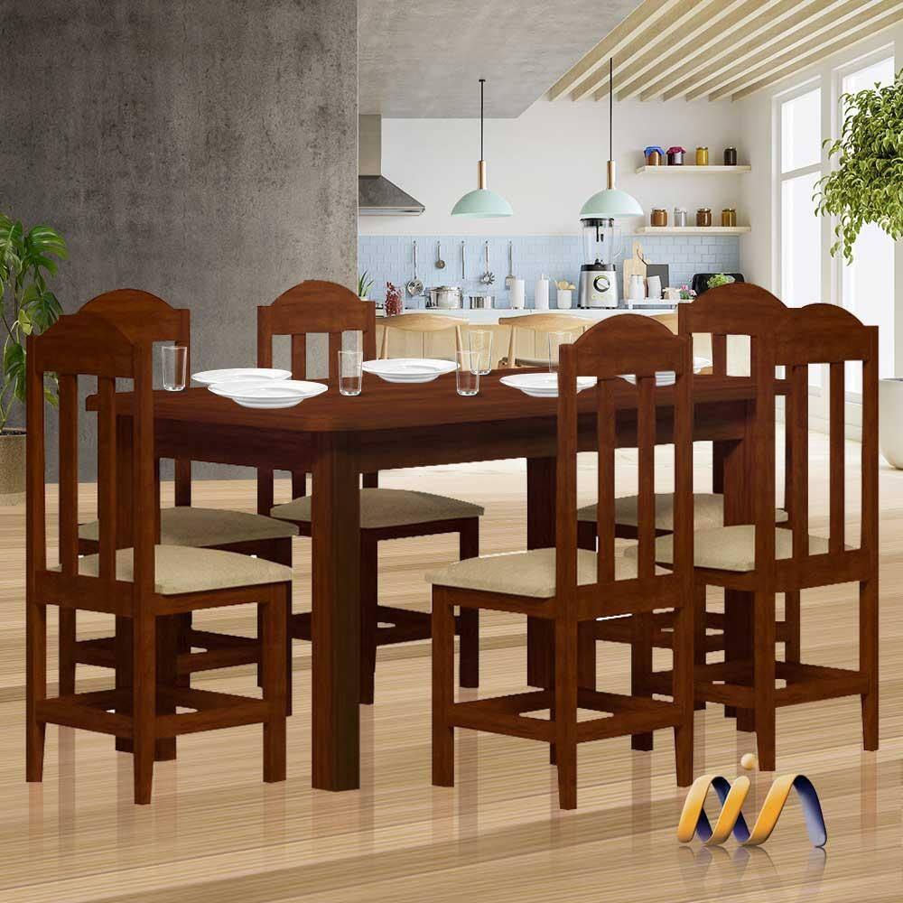 Conjunto Mesa De Jantar Madeira Maciça Safira Com 6 Lugares Estofados Castanho Shop JM - Marrom