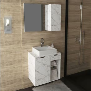 Conjunto de Banheiro com Gabinete Suspenso 60cm e Espelheira 80cm Mármore/Branco