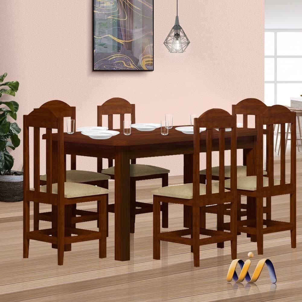 Mesa De Jantar Madeira Maciça 6 Lugares Estofados Safira Castanho Shop JM - Marrom