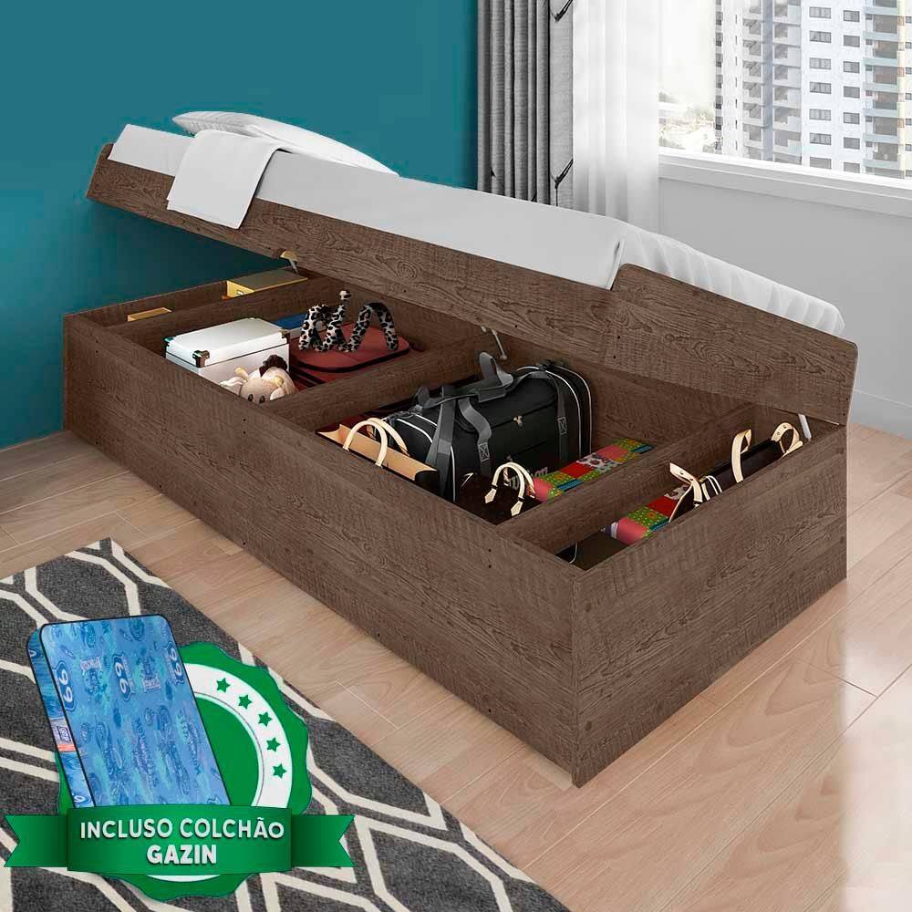 Cama Solteiro Baú Camila Chocolate Framar Com Colchão Gazin - Marrom