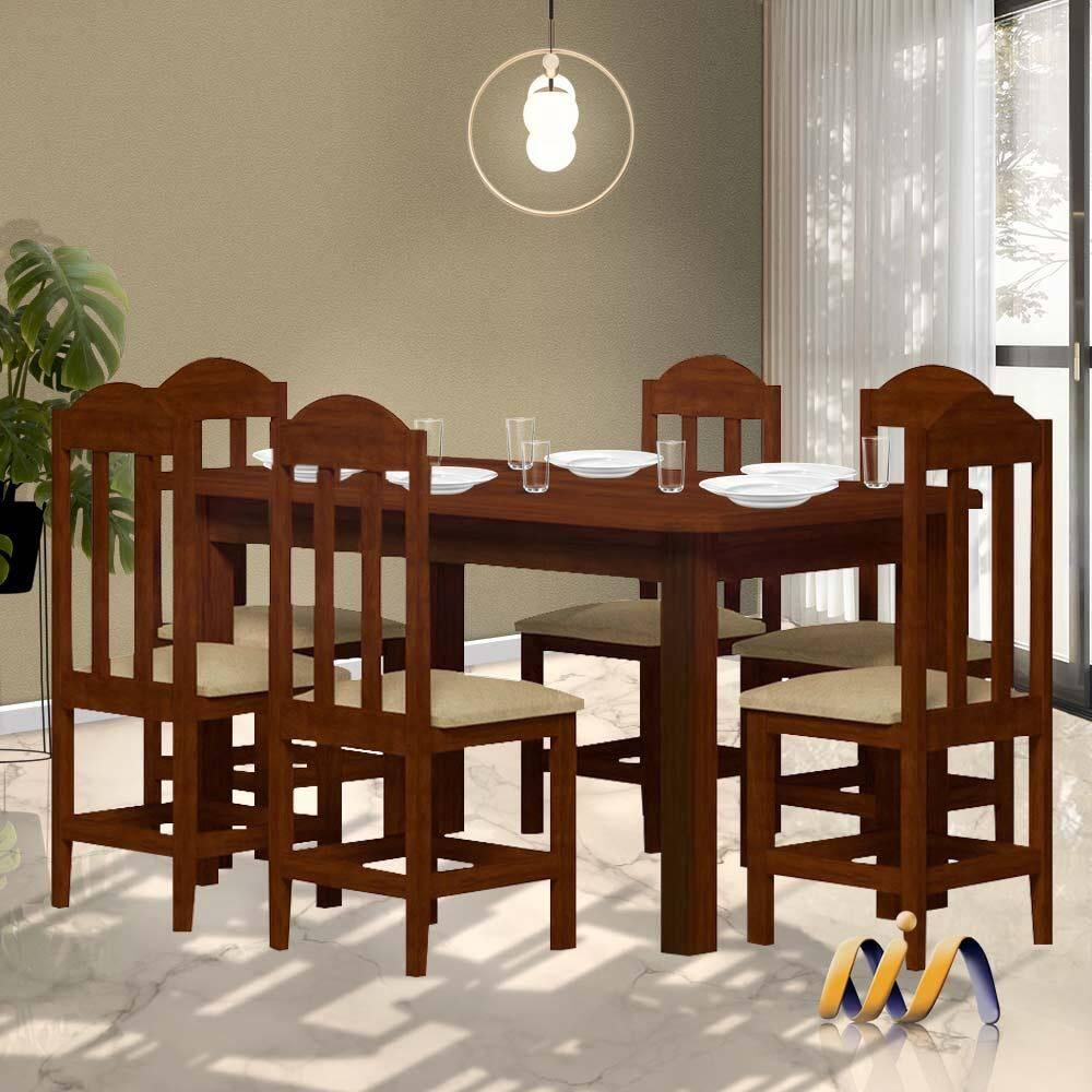Mesa De Jantar Retangular 6 Lugares Estofados Madeira Maciça Safira Castanho Shop JM - Marrom