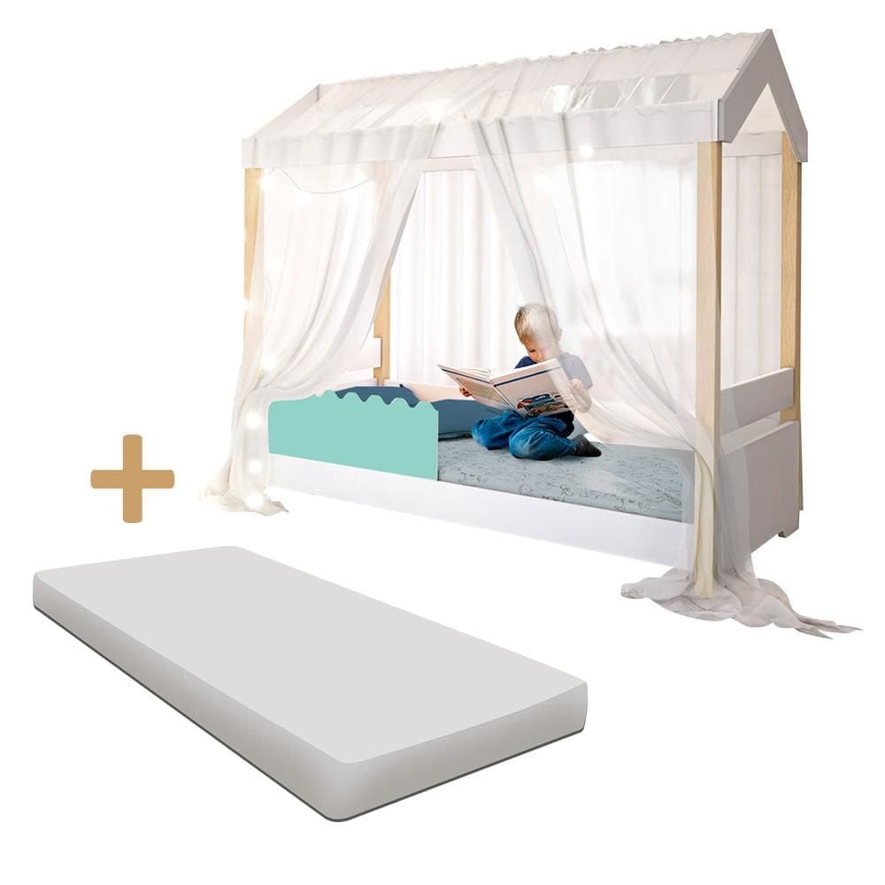 Cama Montessoriana Solteiro Menta Com Led Voal Branco E Colchão Jhulia Divaloto - Branco