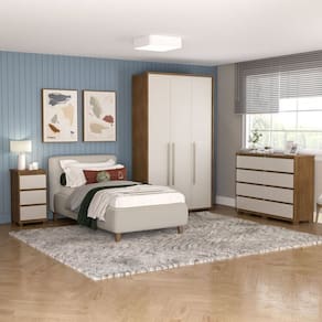 Quarto Guarda-Roupa 3 Portas Cômoda 8 Gavetas Mesa de Cabeceira 3 Gavetas Freijó/Off White