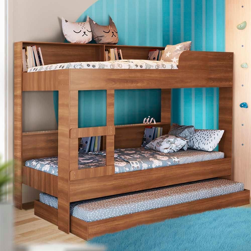 Beliche Com Nichos E Cama Auxiliar 3 Colchões Solteiro Nogal Sierra Shop JM - Marrom