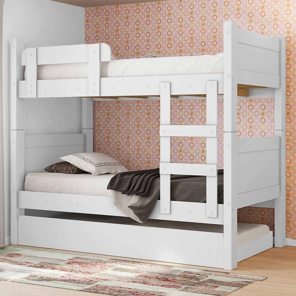 Beliche Solteiro Que Vira Duas Camas Com Cama Auxiliar Branca Maria Clara Framar - Branco