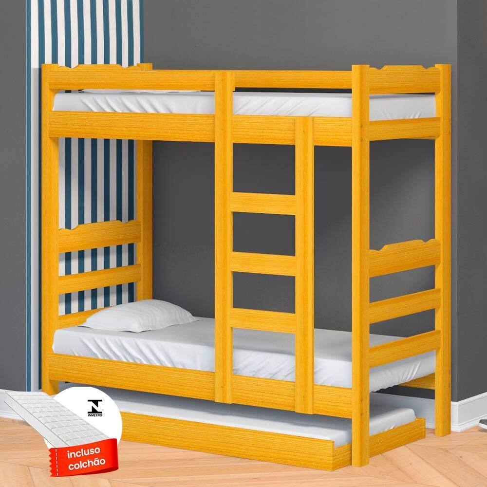 Cama Beliche Madeira Maciça Alta Com Auxiliar E 3 Colchões Solteiro Life Cerejeira - Amarelo