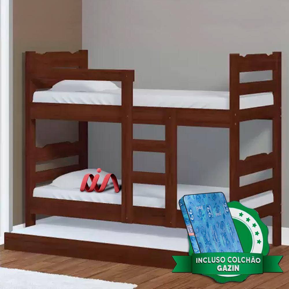 Beliche Madeira Maciça Com Cama Auxiliar Solteiro Robusta Nemargi Castanho Com 3 Colchões Gazin - Marrom