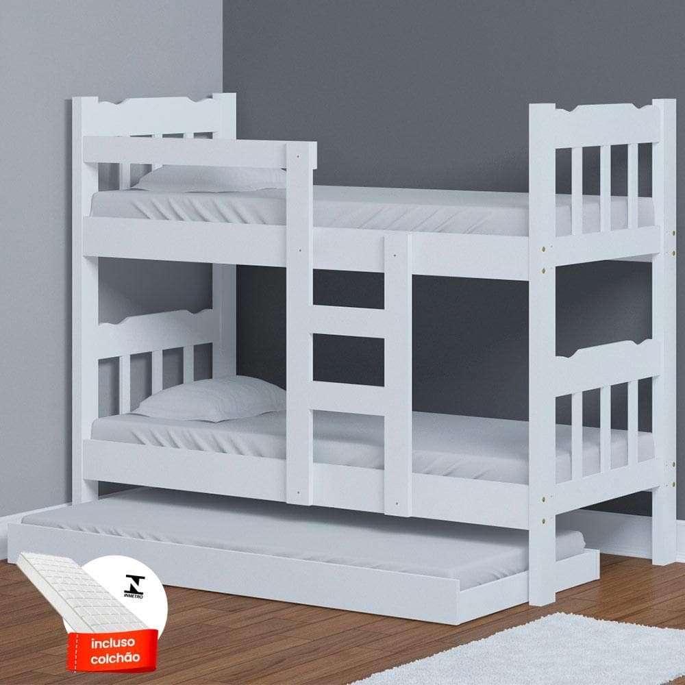 Beliche Que Vira Duas Camas Com Cama Auxiliar E 3 Colchões Branco Perola Nemargi - Branco