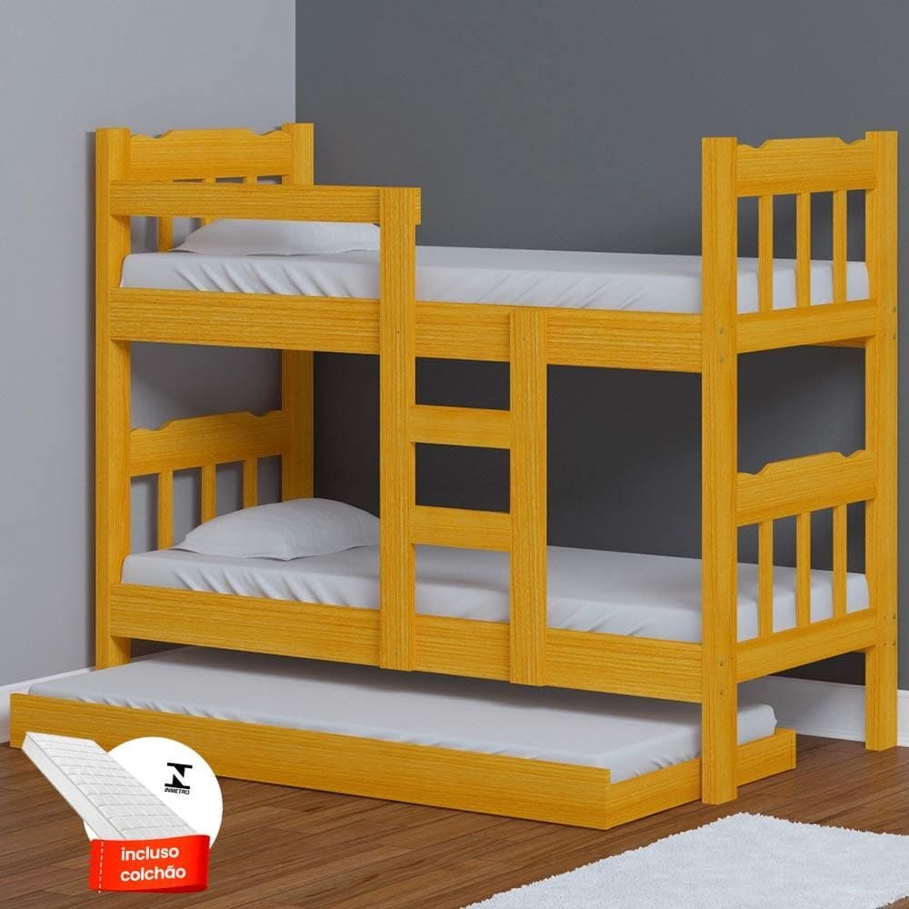 Beliche Que Vira Duas Camas Com Cama Auxiliar E 3 Colchões Cerejeira Perola Nemargi - Amarelo