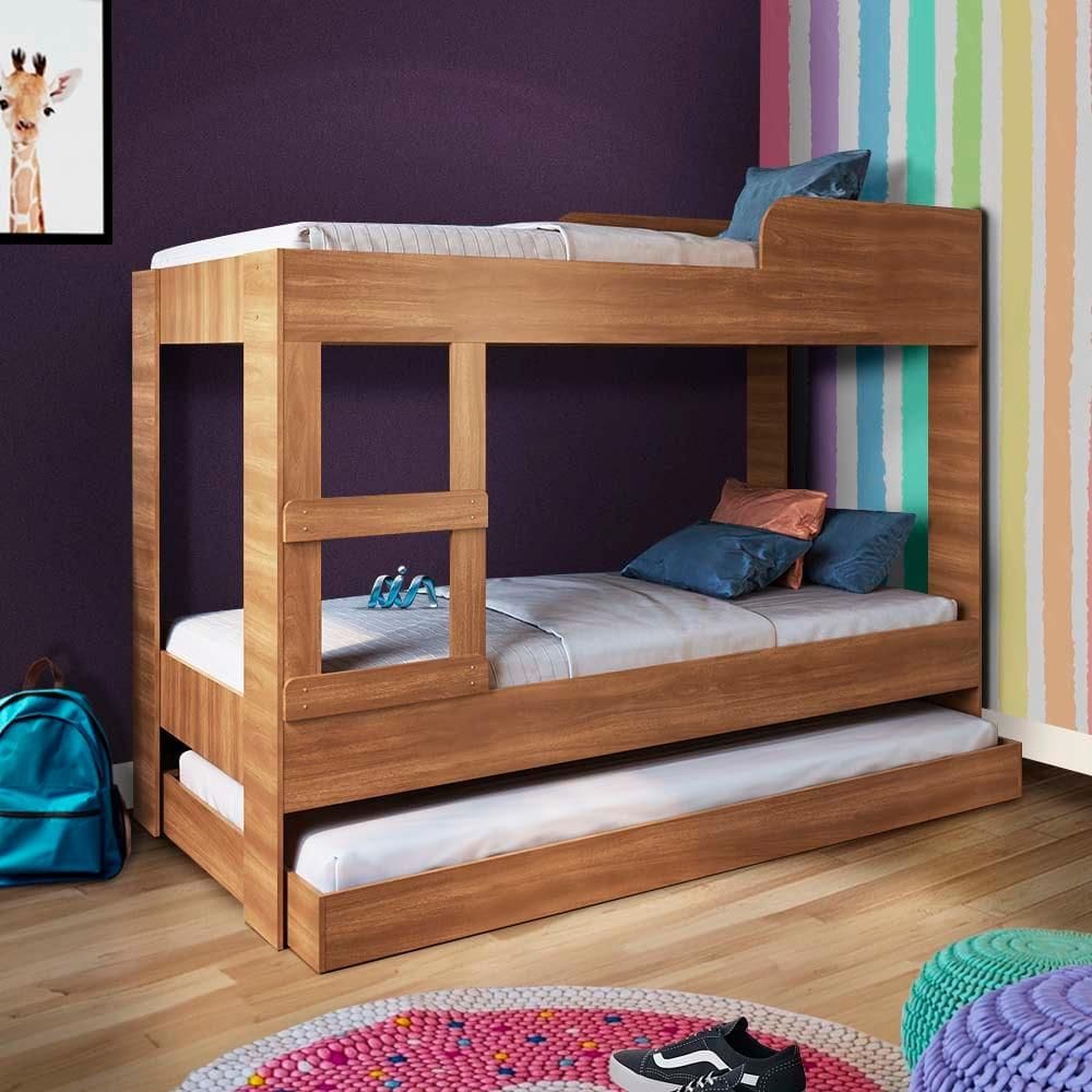 Cama Beliche Com Auxiliar E 3 Colchões Solteiro Nogal Yvis Shop JM - Marrom