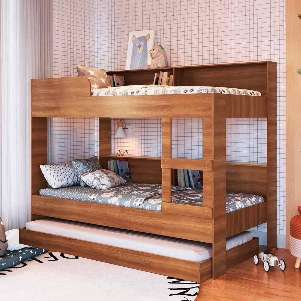 Beliche Solteiro Com Cama Auxiliar E Estante Nogal Sunset Shop JM - Marrom