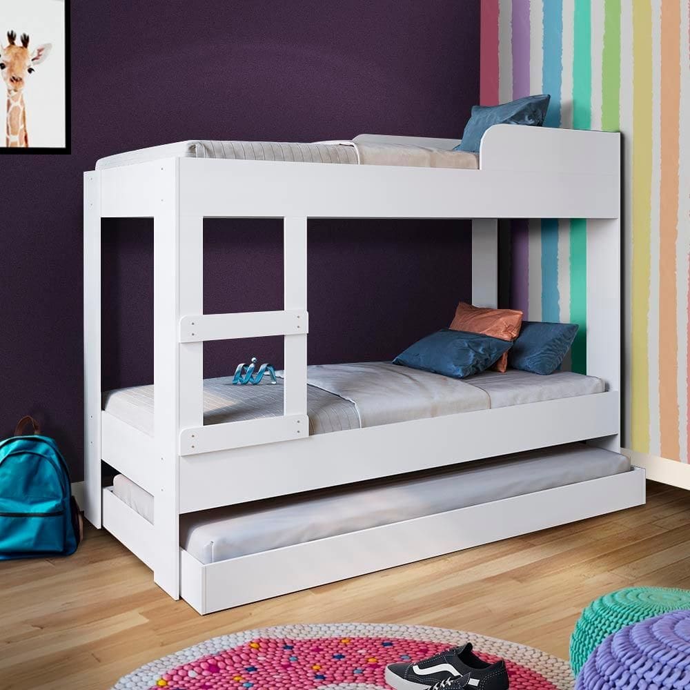 Cama Beliche Com Auxiliar E 3 Colchões Solteiro Branco Yvis Shop JM - Branco