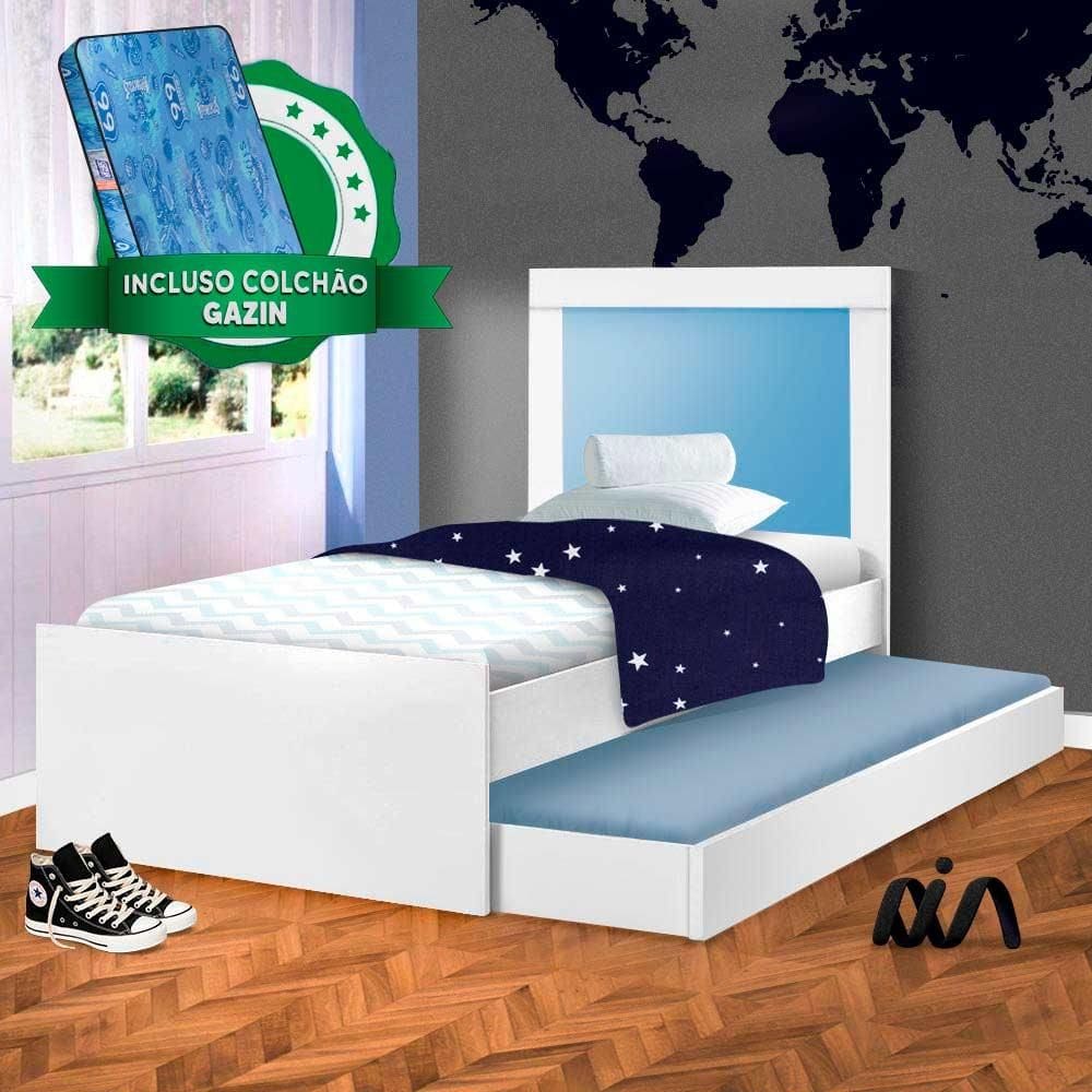 Bicama Solteiro Branco Azul Luara Cambel Com 2 Colchões Gazin - Branco