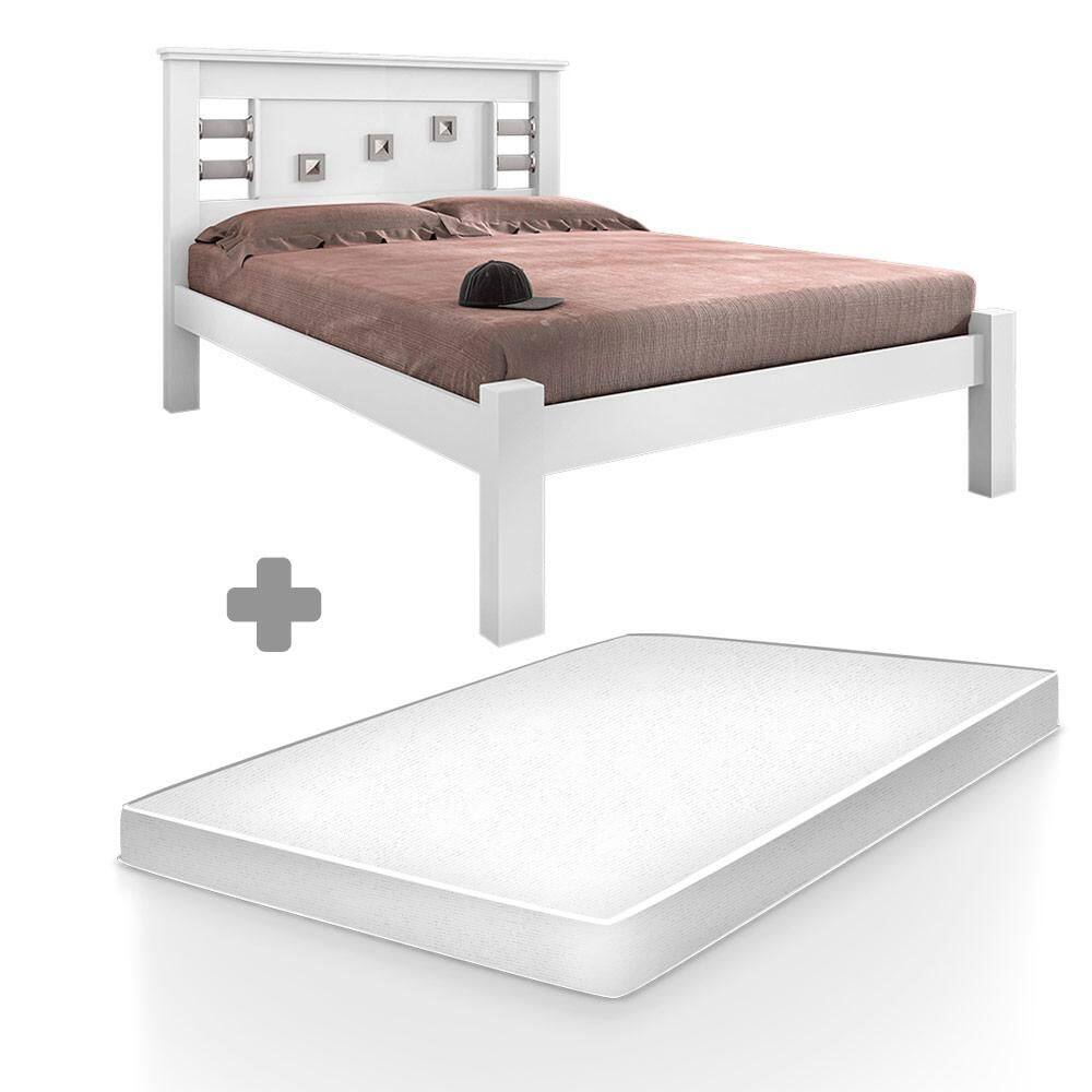 Cama De Casal Com Detalhes Na Cabeceira Branco Lavínia Framar Com Colchão Casal Hellen Pro Confort - Branco