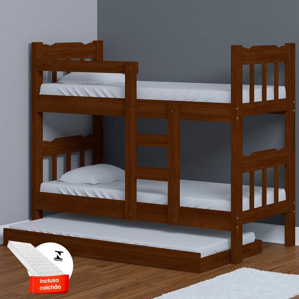 Beliche Que Vira Duas Camas Com Cama Auxiliar E 3 Colchões Castanho Perola Nemargi - Marrom