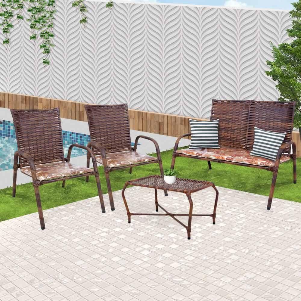 Conjunto Para Area Externa 2 Cadeiras e Namoradeira e Mesa De Centro De Junco Almofadados - Marrom