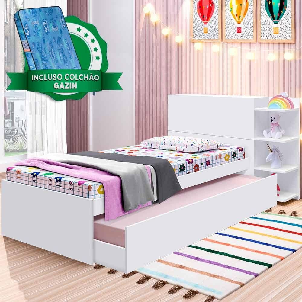 Bicama Solteiro Com Cabeceira Baú Branca Londres Gabrielli E 2 Colchões Solteiro Gazin - Branco