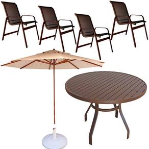 Conjunto Lótus Com Mesa 90cm Ripada 4 Poltronas Ombrelone 3,00m Com Base Marrom