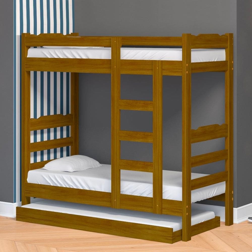 Cama Beliche Madeira Maciça Alta Com Auxiliar Solteiro Imbuia Life Nemargi - Marrom