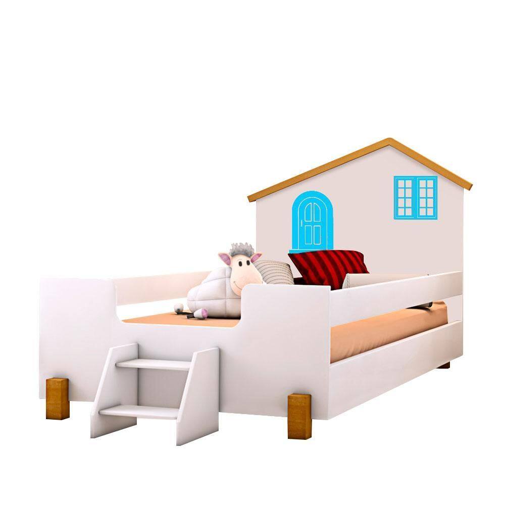 Cama Casinha Montessoriana Infantil Com Escadinha Branco Azul Belíssima Divaloto - Branco