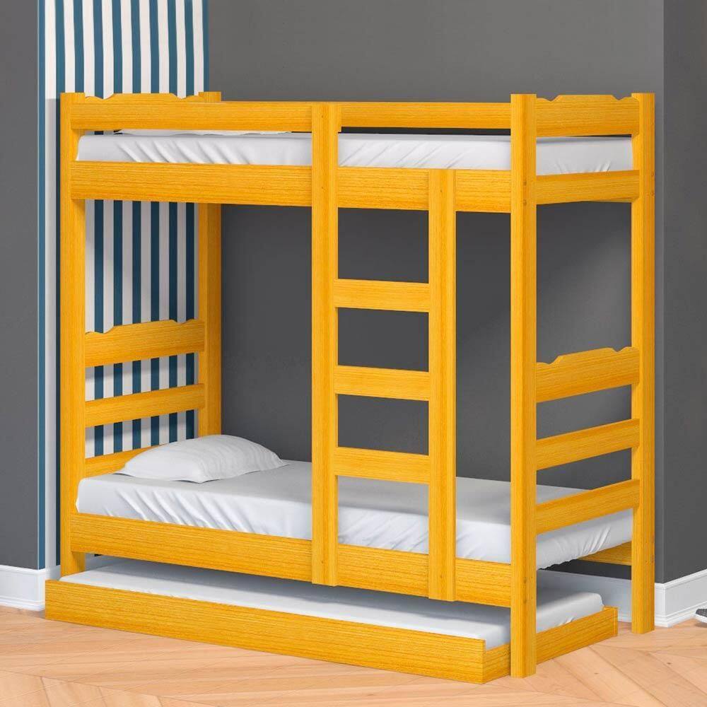 Cama Beliche Madeira Maciça Alta Com Auxiliar Solteiro Life Cerejeira Nemargi - Amarelo