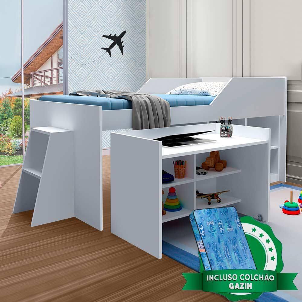 Cama Com Escrivaninha Solteiro Branco Master Gabrielli Móveis Com Colchão Gazin - Branco