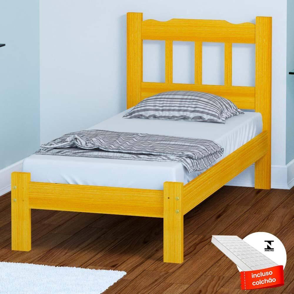 Cama De Solteiro Cerejeira Madeira Maciça Com Colchão Perola Nemargi - Laranja