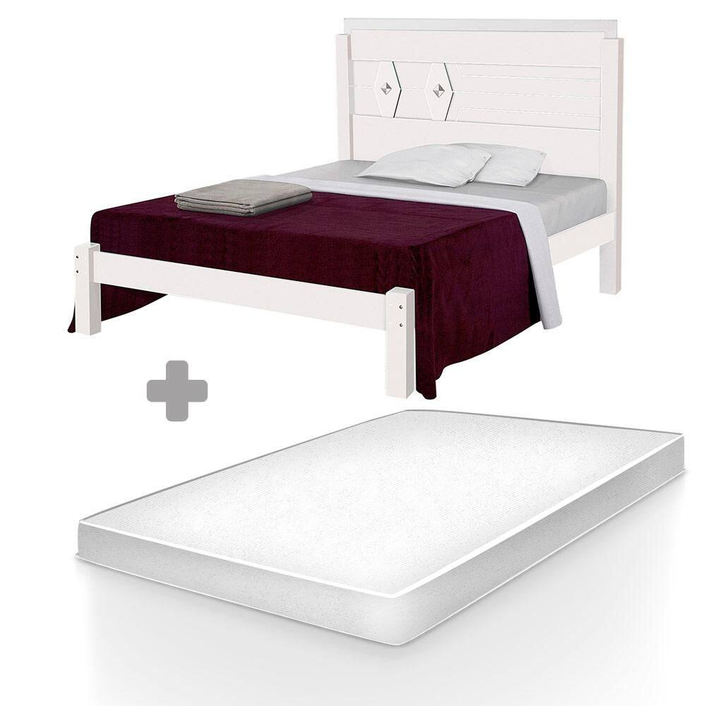 Cama de Casal Reforçada MDF Livia Branco Carmolar Com Colchão Casal Hellen Pro Confort - Branco