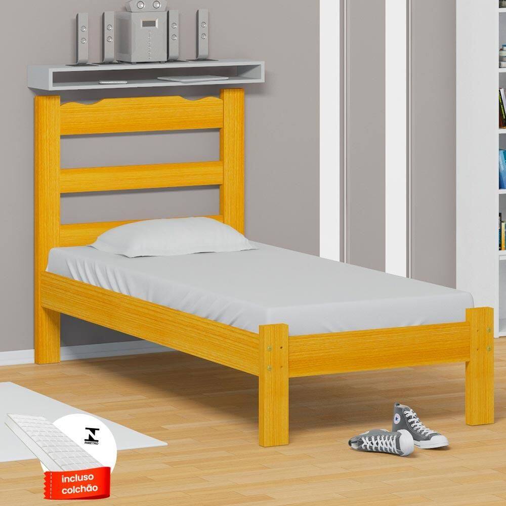 Cama De Solteiro De Madeira Cerejeira Com Colchão Esmeralda Nemargi - Amarelo