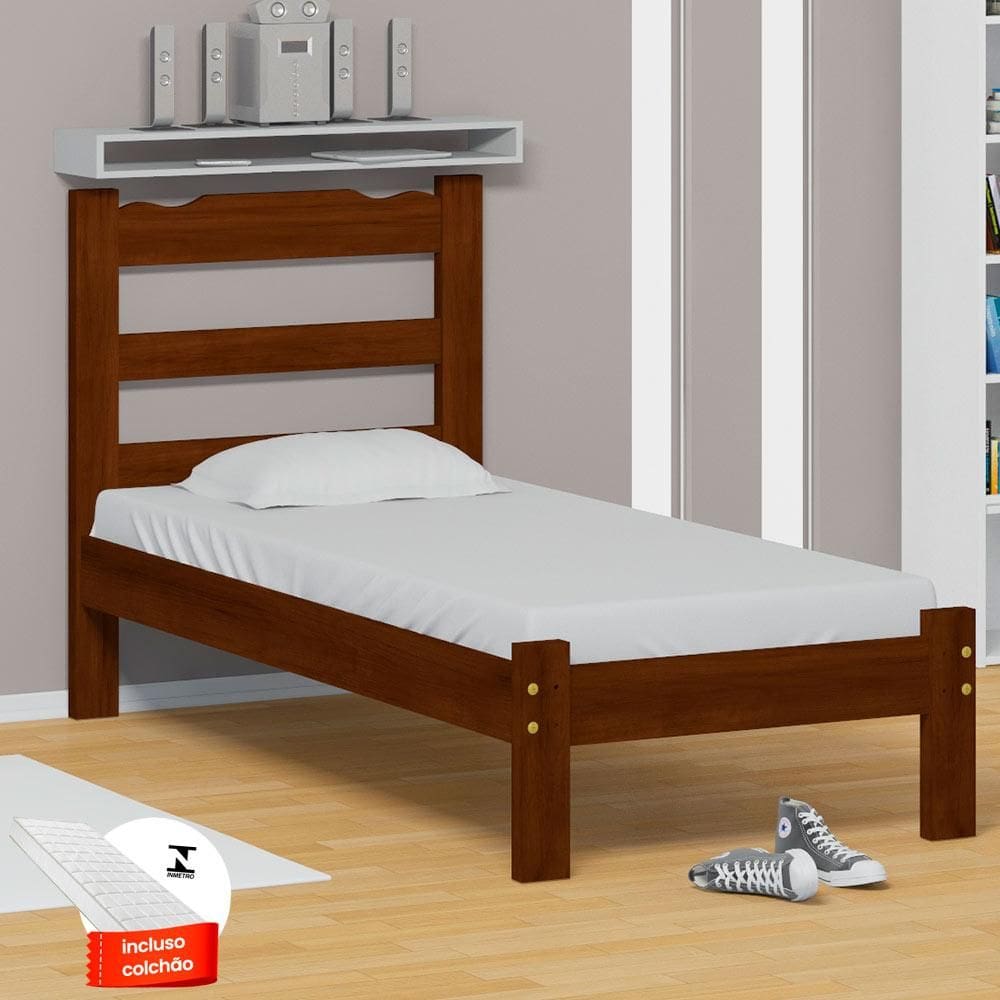 Cama De Solteiro De Madeira Castanho Com Colchão Esmeralda Nemargi - Marrom