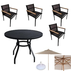 Jogo De Mesa Ripada 90cm 4 Cadeiras Perpétua Ombrelone 3m Com Base Preto