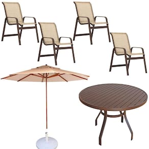Conjunto Lótus Com Mesa 80cm Ripada 4 Poltronas Ombrelone 2,40m Com Base Marrom claro